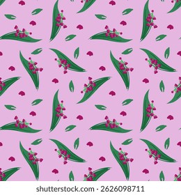 Seamless Pattern with Flowers and Green Leaves on Light Background