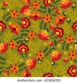 Seamless pattern with flowers in green, red, orange and yellow colors. Background with flat shapes. Texture in ethno style. Vector illustration.