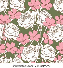 Patrón de flores sin brillo, fondo de tono verde, vector de patrón floral moderno, fondo floral vintage, patrón de papel tapiz de diseño, diseño de impresión floral, papel de envoltura de regalo e impresiones de moda.