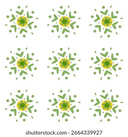 Seamless pattern with flowers. Green and yellow stylized floral or snowflake-like designs on a white background. The pattern is symmetrical and clean, with a fresh, organic, and modern feel.