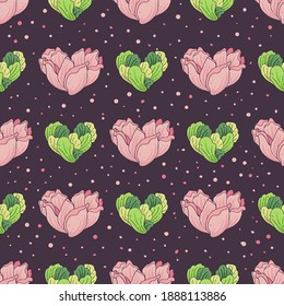 Seamless pattern with flowers and greens in the shape of hearts on a purple background. Vector illustration.