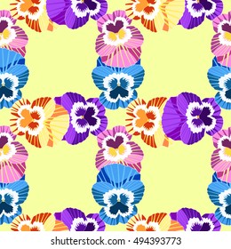 seamless pattern flowers grid violet pansies on a yellow background vector illustration