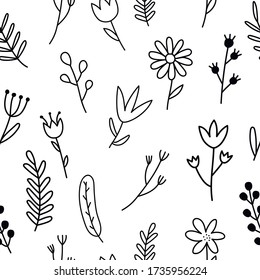 Seamless pattern with flowers. Hand draw black flowers. Doodle style. White background. Vector illustration.