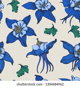 seamless pattern flowers hand drawing, blue, vector