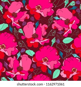Seamless pattern with flowers. Hand drawn floral background. Artwork for textiles, fabrics, souvenirs, packaging and greeting cards.