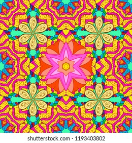 Seamless pattern with flowers. Hand drawn. Flowers on yellow, magenta and green colors. Watercolor illustration.