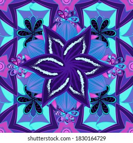Seamless pattern with flowers. Hand drawn. Watercolor illustration. Flowers on blue, violet and pink colors.
