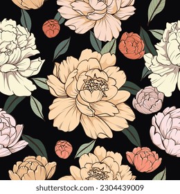 Seamless pattern with flowers. Hand drawn beautiful bright peonies on a dark background. Bright pattern for your posters or advertisements. 