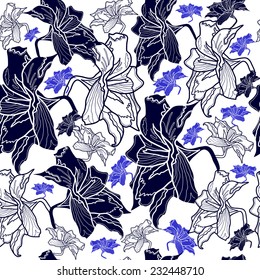 Seamless pattern with flowers. Hand drawn floral background. Artwork for textiles, fabrics, souvenirs, packaging and greeting cards.
