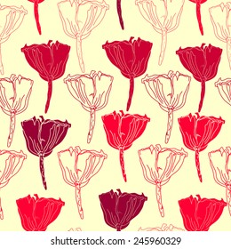 Seamless pattern with flowers. Hand drawn floral background. Artwork for textiles, fabrics, souvenirs, packaging and greeting cards. Red poppy.