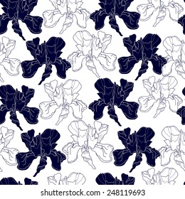 Seamless pattern with flowers. Hand drawn floral background. Artwork for textiles, fabrics, souvenirs, packaging and greeting cards. Blue irises.