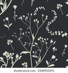 Seamless pattern. Flowers hand drawn black paint vector set. Ink drawing flowers and leaves. Artistic botanical clip arts. Flower silhouettes painted with brush. Black background