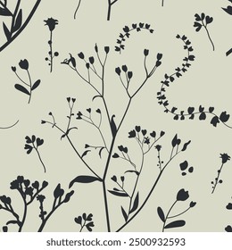 Seamless pattern. Flowers hand drawn black paint vector set. Ink drawing flowers and leaves. Artistic botanical clip arts. Flower silhouettes painted with brush. Beige background