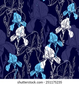 Seamless pattern with flowers. Hand drawn floral background. Artwork for textiles, fabrics, souvenirs, packaging and greeting cards. Blossoming irises.