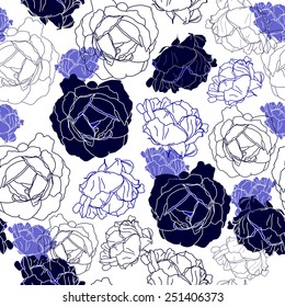 Seamless pattern with flowers. Hand drawn floral background. Artwork for textiles, fabrics, souvenirs, packaging and greeting cards. Blue roses.
