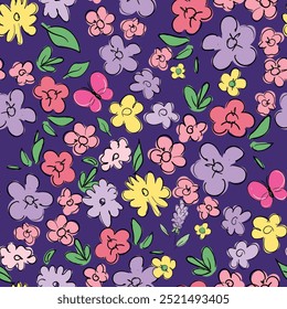 Seamless pattern Flowers Hand Drawn Vector illustration summer spring print