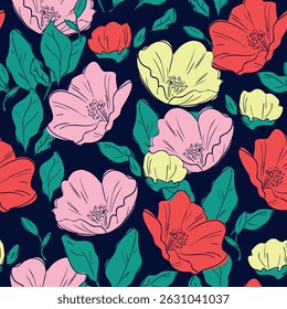 Seamless pattern Flowers Hand Drawn Vector illustration summer spring print