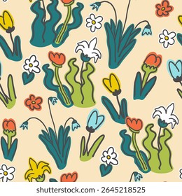 seamless pattern with flowers in hand drawn style. Ornament for background, wallpaper, banner, backdrop, decoration, wrapping, packaging, prints, textile