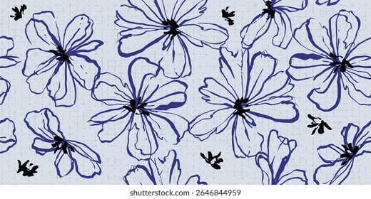 Padrão contínuo com flores. Fundo floral desenhado à mão. Arte para têxteis, tecidos, lembranças, embalagens e cartões de felicitações.
