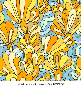 Seamless pattern with flowers. Hand drawn floral texture. Yellow, orange, white, blue colors. 