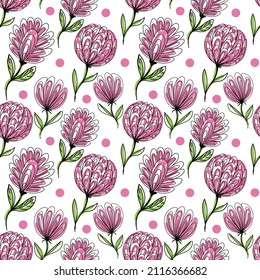 A seamless pattern of flowers, hand-drawn doodle-style elements. Whimsical flowers, buds, and peas. Black patterns with pink and green spots.