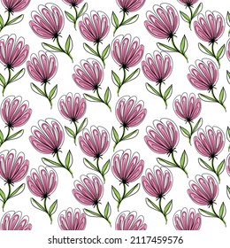 A seamless pattern of flowers, hand-drawn doodle-style elements. Whimsical flowers, buds, and peas. Black patterns with pink and green spots.