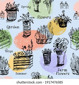 Seamless pattern of flowers in hanging pots, wooden boxes and vases in a black outline on watercolor backgrounds for design. Vector illustration.