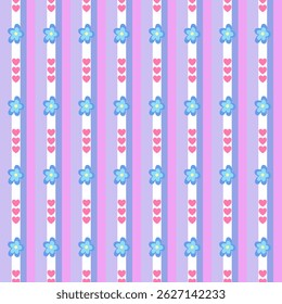 seamless pattern with flowers and heart on stripes background 