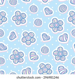 Seamless pattern with flowers & heart. Polka dot background.