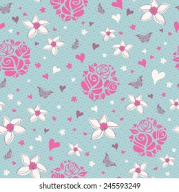  seamless pattern with flowers, hearts and butterflies