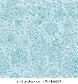 Seamless pattern with flowers, hearts and butterflies. Romantic floral background in blue colors. Detailed vector illustration. 