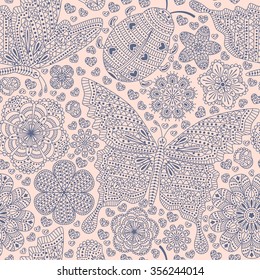 Seamless pattern with flowers, hearts and butterflies. Romantic floral background in pastel colors. Detailed vector illustration. 
