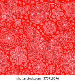 Seamless pattern with flowers, hearts and butterflies. Romantic floral background in red colors. Detailed vector illustration. 