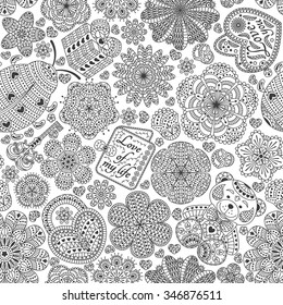 Seamless pattern with flowers, hearts, cards, bear, gift, key and ladybug.  Text Love you and Love of my life.  Beautiful  floral background. Good for Valentines day card, invitation, etc.