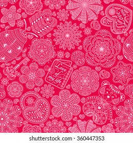 Seamless pattern with flowers, hearts, cards, bear, gift, key and ladybug.  Text Love you and Love of my life.  Romantic pink  floral background. Good for Valentines day card, invitation, etc.
