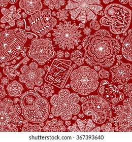 Seamless pattern with flowers, hearts, cards, bear, gift, key and ladybug.  Text Love you and Love of my life.  Romantic  floral background. Good for Valentines day card, invitation, etc. Red color