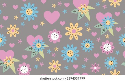 Patrón sin foco con flores y corazones. Fondo de corte