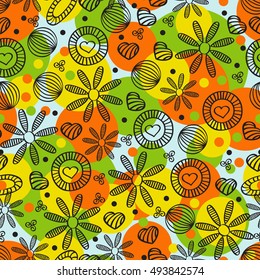 Seamless pattern with flowers, hearts and dots. Floral background.