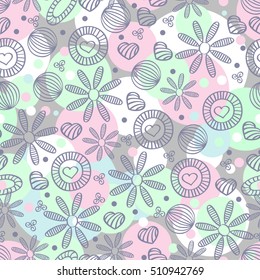 Seamless pattern with flowers, hearts and dots. Floral background.