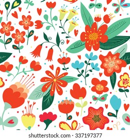 Seamless pattern with flowers and hearts. Hand drawn design for Valentine's Day and Birthday greeting cards, fabric, wrapping paper, invitation, stationery.