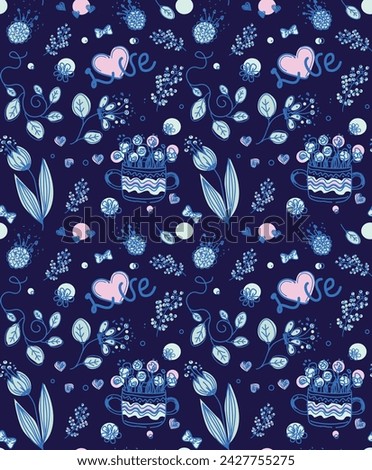 Seamless pattern with flowers and hearts. Hand drawn vector illustration.