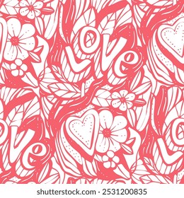 Seamless pattern with flowers and hearts.  Hand-drawn illustration. Vector