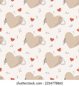 seamless pattern with flowers, hearts and music notes