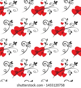 Seamless pattern with flowers and hearts on white background. Vector romantic illustration. Design element for fabric, wallpaper or wrapping paper.
