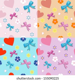seamless pattern of flowers and hearts on pastel ribbons background