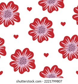 Patrón sin foco de flores y corazones sobre fondo blanco. Diseño floral impreso en medios sociales, textil, papel pintado, papel de envoltura, volante, decoración casera