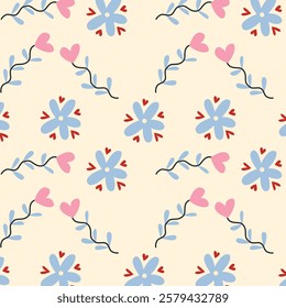 Seamless pattern with flowers and hearts on a beige background
