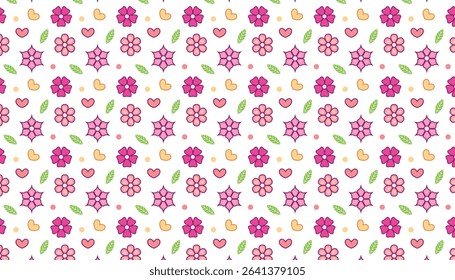 Seamless pattern with flowers and hearts on a white background.