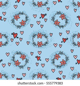Seamless pattern with flowers and hearts on doodle style in blue background. Vector illustration