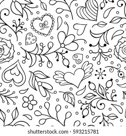 Seamless pattern with flowers and hearts on white background. Vector illustration.Coloring page for children and adult.